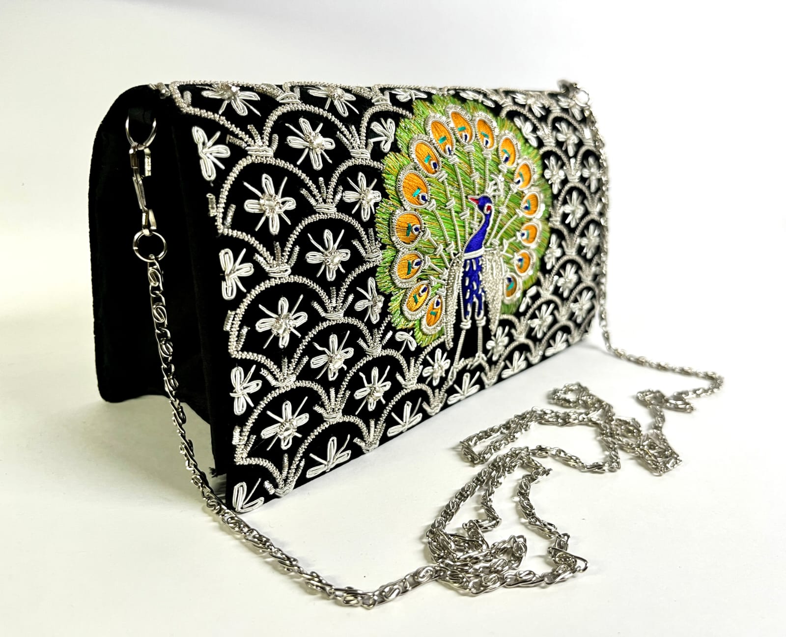 PEACOCK EMBROIDERED BLACK VELVET BAG WITH SEMI PRECIOUS STONES