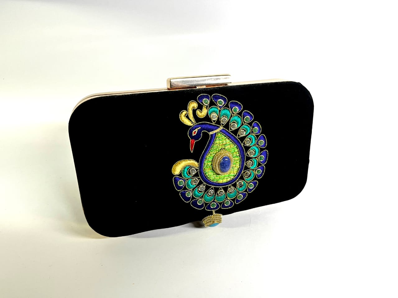 BLACK VELVET BOX CLUTCH WITH SILK EMBROIDERED PEACOCK ADORNED WITH SEMI PRECIOUS STONES