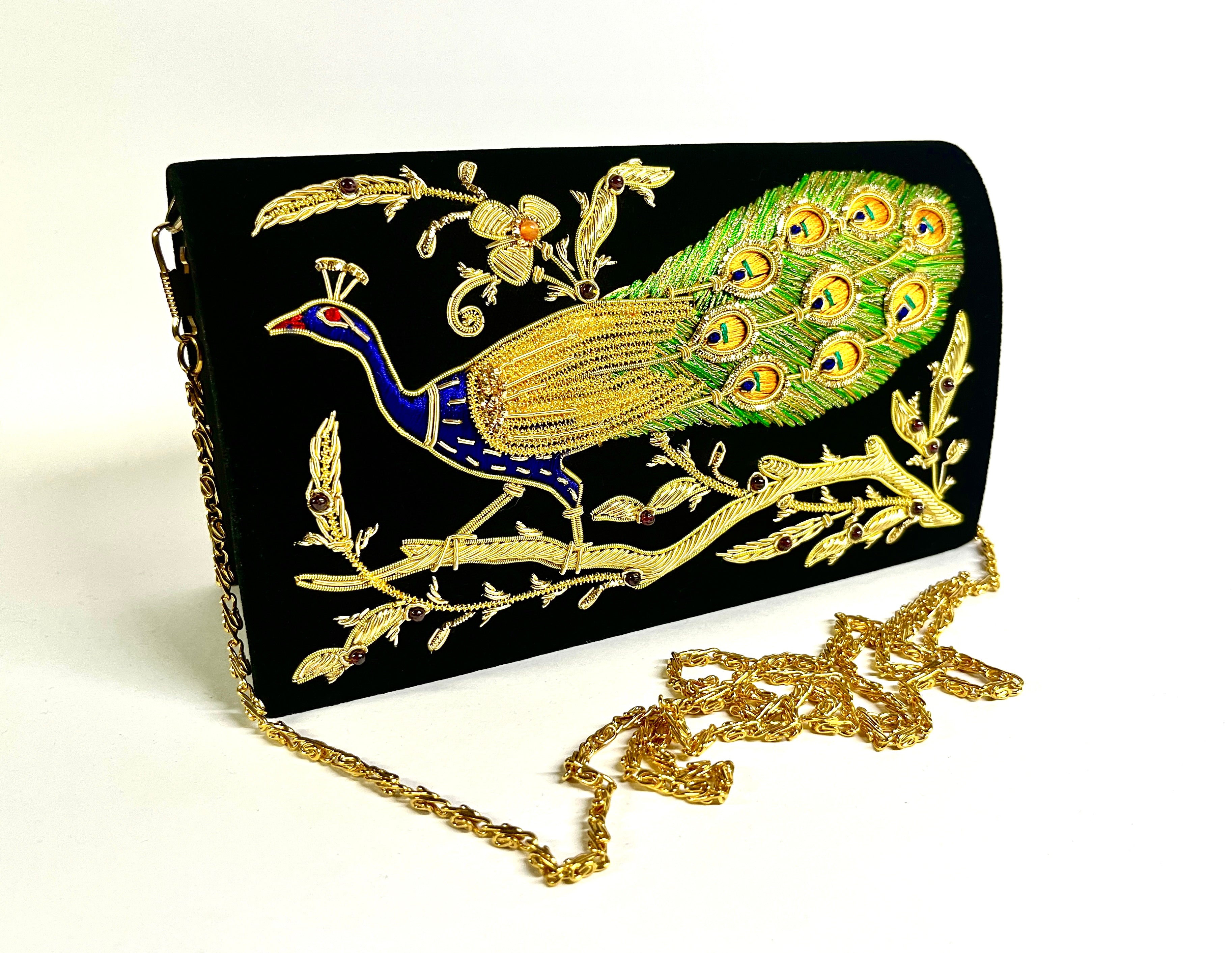 BLACK VELVET BAG WITH SILK AND ZARI EMBROIDERED PEACOCK