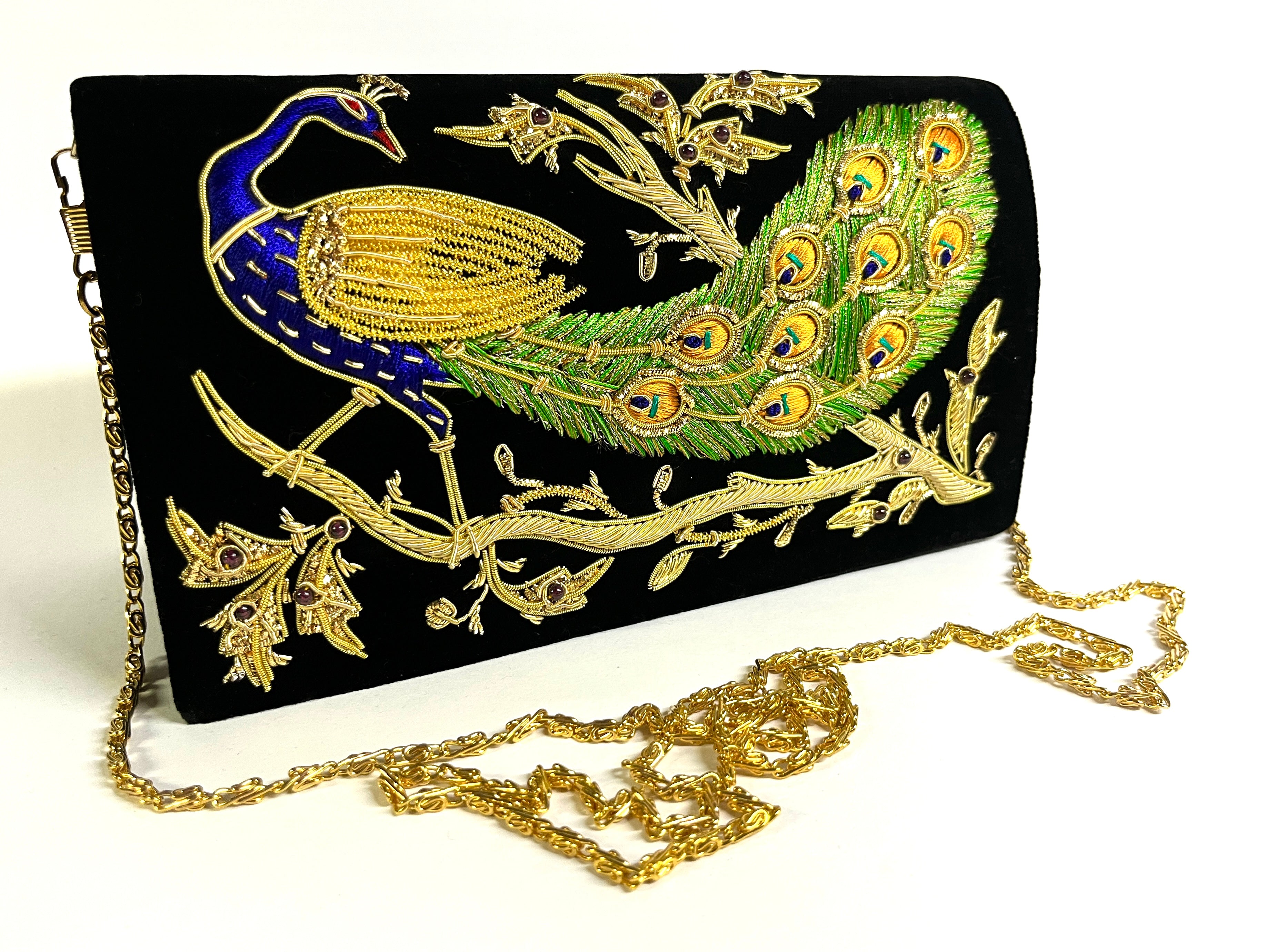 BLACK VELVET BAG WITH SILK AND ZARI EMBROIDERED PEACOCK