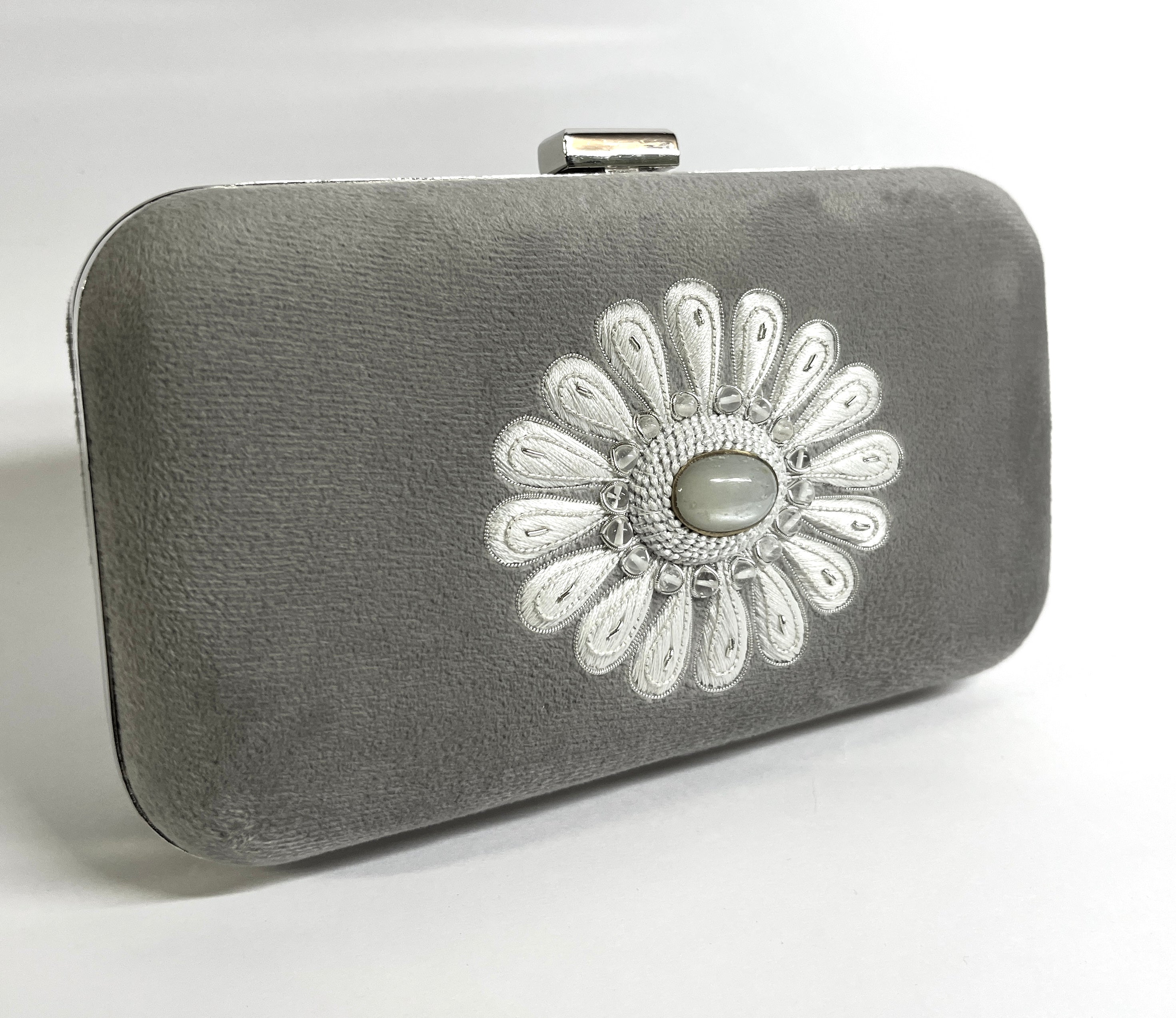 GREY VELVET BOX CLUTCH WITH SILK EMBROIDERY AND SEMI-PRECIOUS STONES