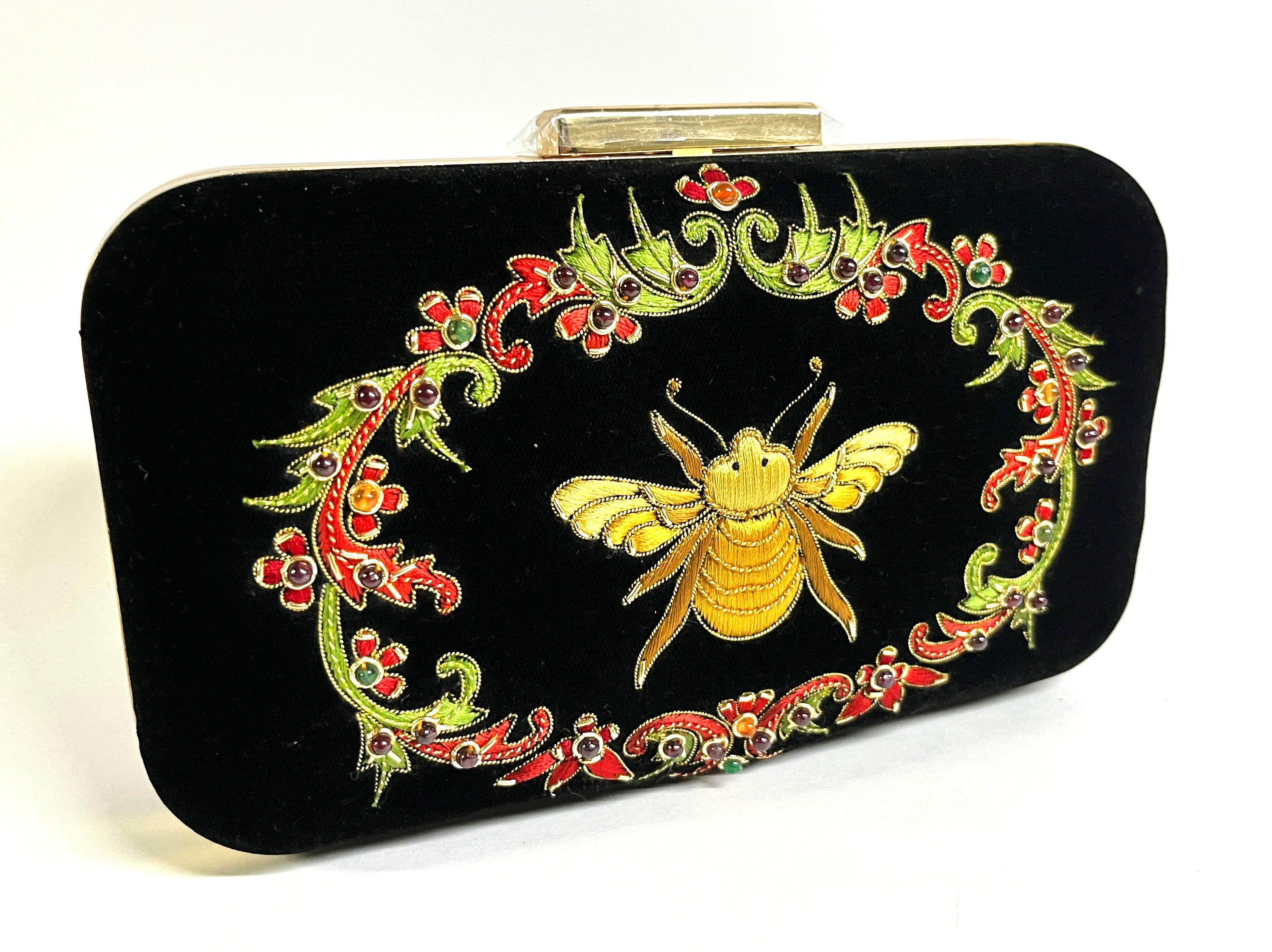 BLACK VELVET BOX CLUTCH WITH SILK EMBROIDERY OF QUEEN BEE