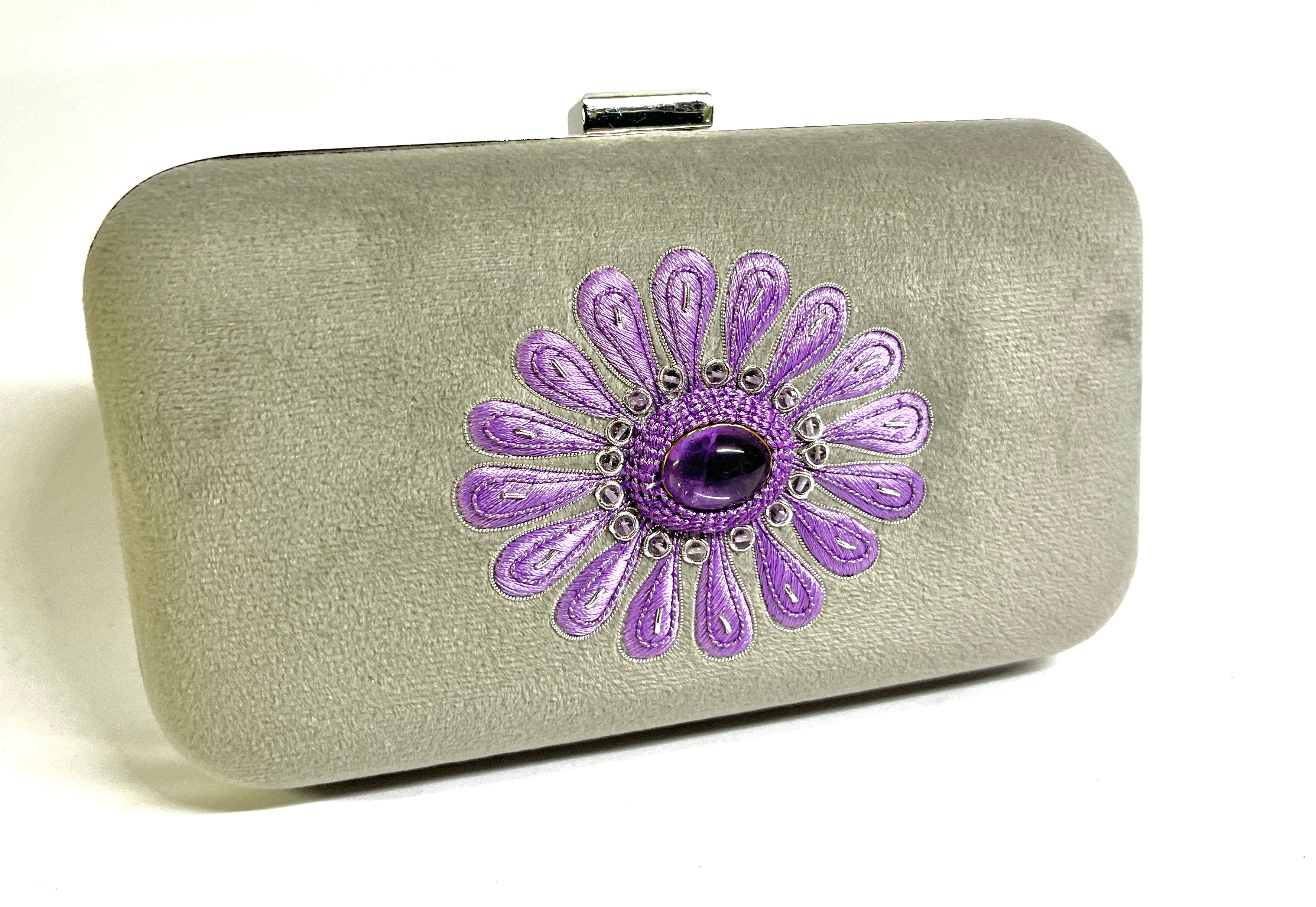 GREY VELVET BOX CLUTCH WITH SILK EMBROIDERY AND SEMI-PRECIOUS STONES