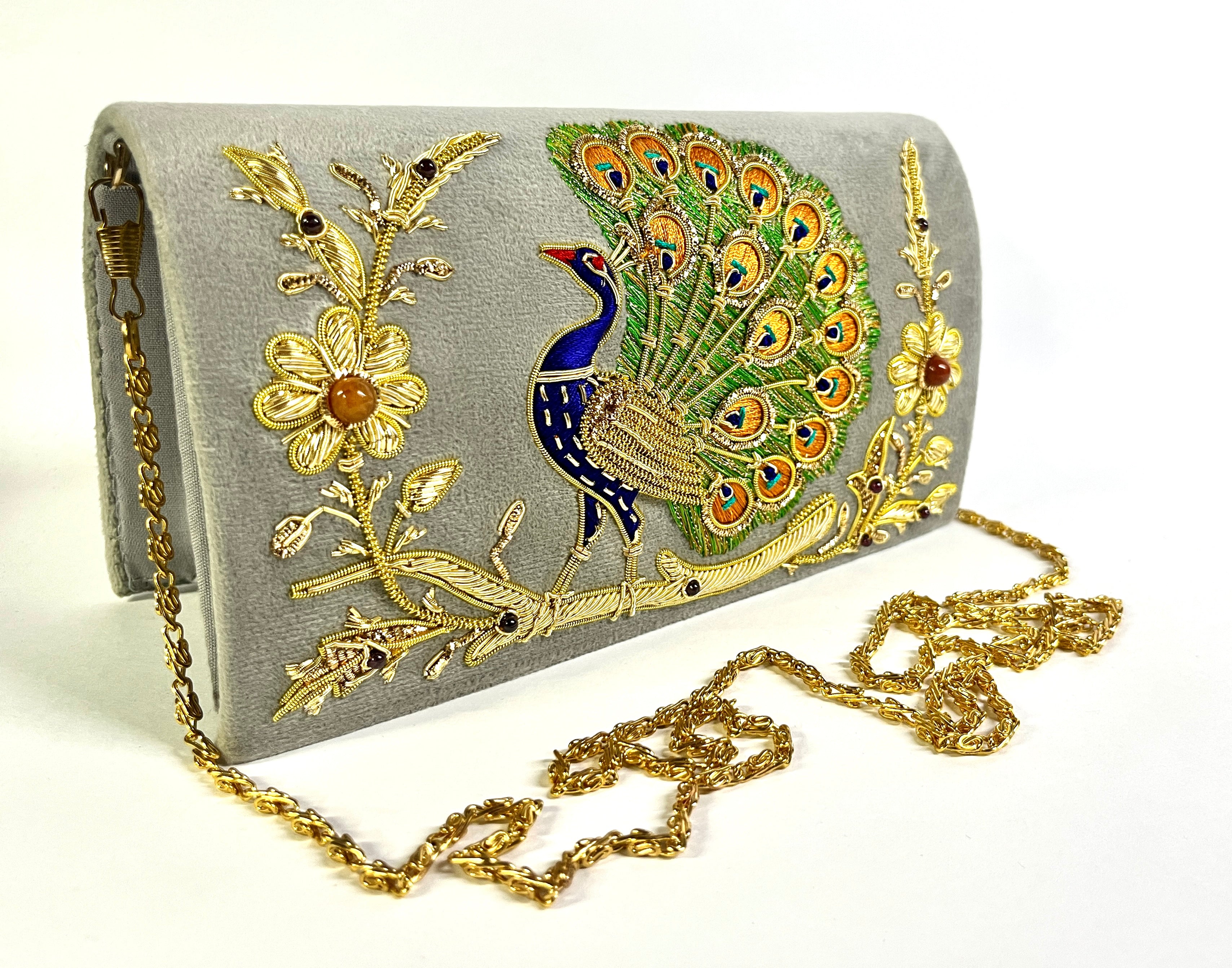 GREY VELVET BAG WITH SILK AND ZARI EMBROIDERED PEACOCK