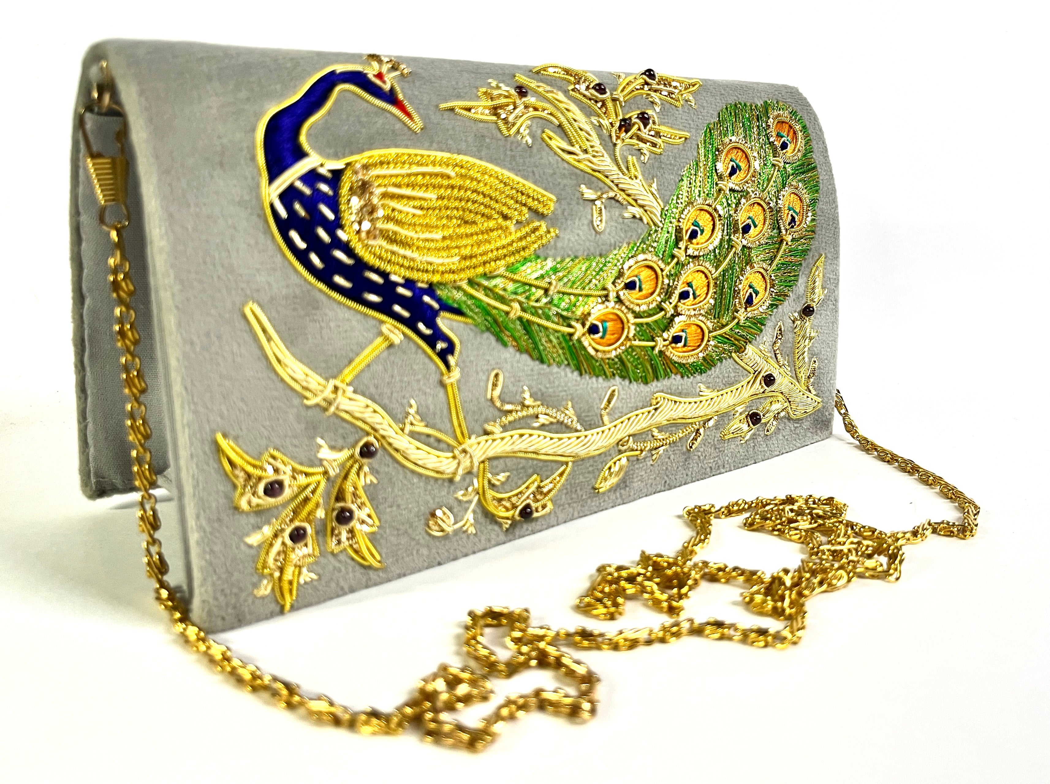 GREY VELVET BAG WITH SILK AND ZARI EMBROIDERED PEACOCK