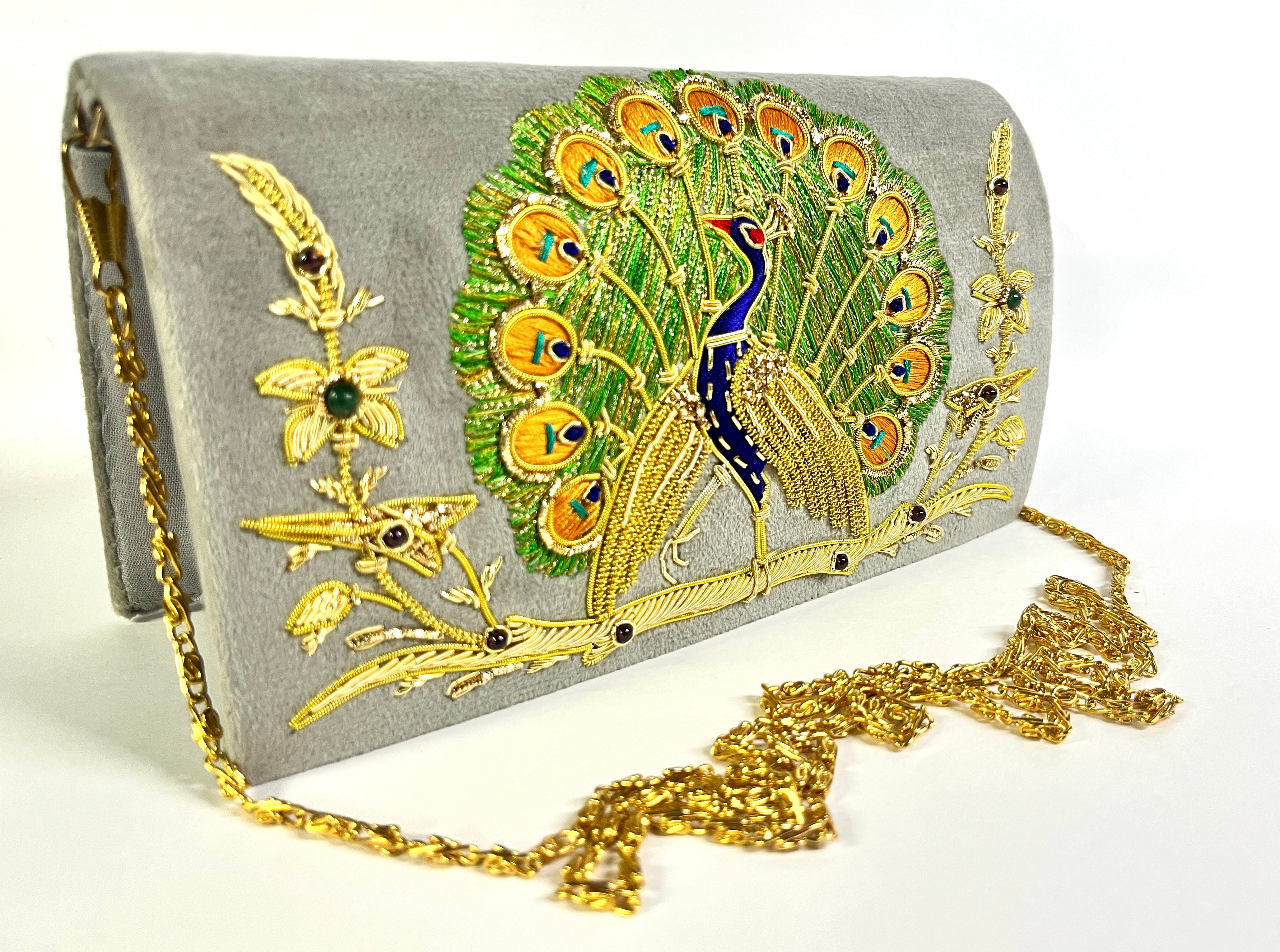 Grey buy Velvet Handmade Crossbody Bag, Embellished with Gemstone Embroidery